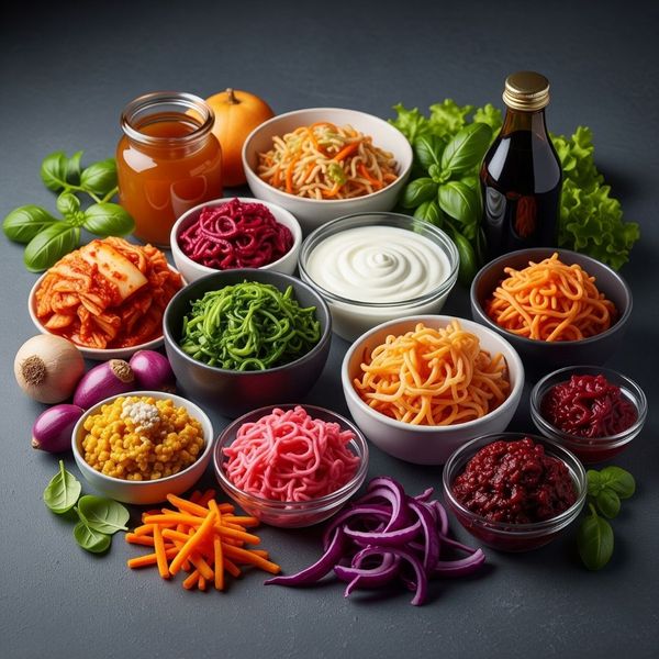 variety of fermented foods like kimchi, yogurt, and kombucha, neatly arranged variety of fermented foods like kimchi, yogurt, and kombucha, neatly arranged