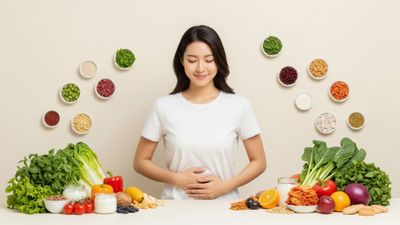 serene image of a person holding their stomach, surrounded by healthy food 