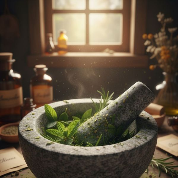 A mortar and pestle containing fresh, vibrant green herbs.