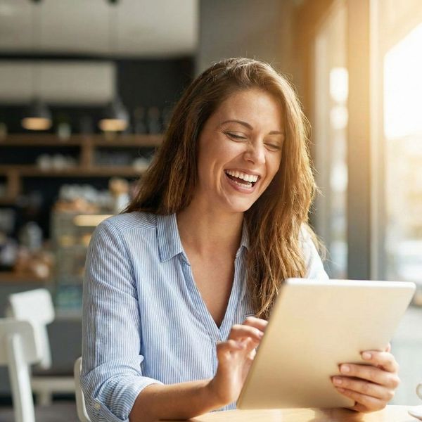 woman smiling at an ipad 