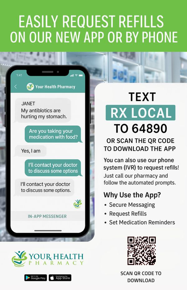“Refill prescriptions with RxLocal App interface”, “Message pharmacist RxLocal App example”, etc.