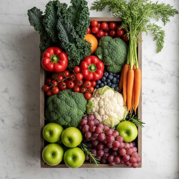 A top-down view of colorful and fresh whole fruits and vegetables.