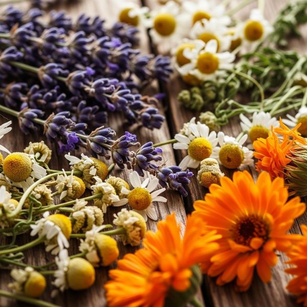 A top-down view of assorted dried medicinal herbs and flowers A top-down view of assorted dried medicinal herbs and flowers