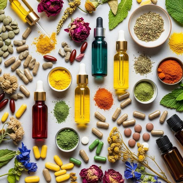 colorful flat lay of various supplements, herbs, and oils colorful flat lay of various supplements, herbs, and oils