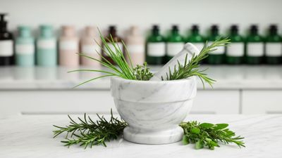 A mortar and pestle with fresh herbs, representing the foundations of natural medicine