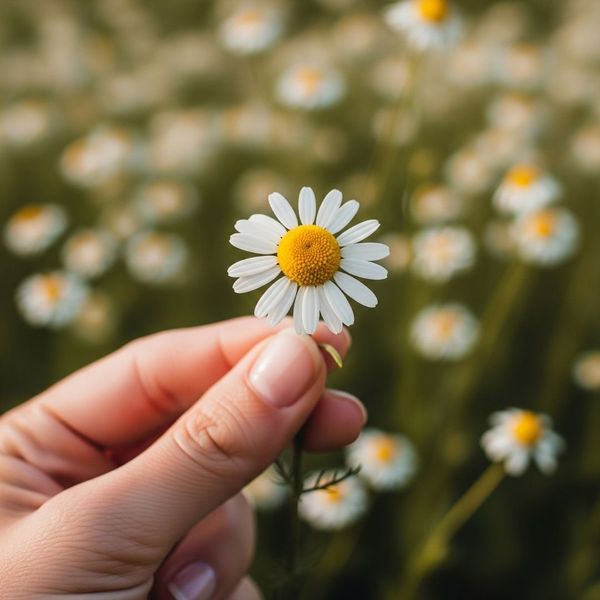 close-up of a hand holding a delicate chamomile flower close-up of a hand holding a delicate chamomile flower