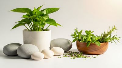 bright and airy image showing a variety of natural elements like a green plant, smooth stones, and a bowl of herbs