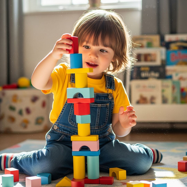 A young child is shown focused on building a tall structure with a set of bright, geometric blocks.