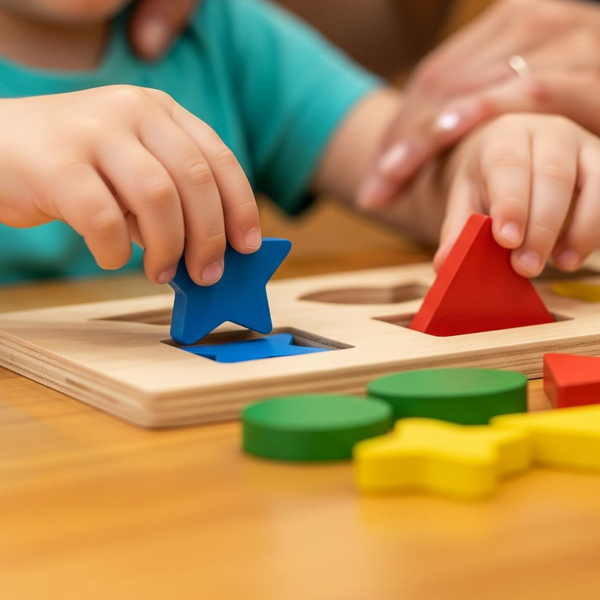 Teacher guiding a kids hands playing with wooden blocks