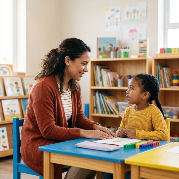 A supportive teacher providing emotional care to a child in an evening program. A supportive teacher providing emotional care to a child in an evening program.