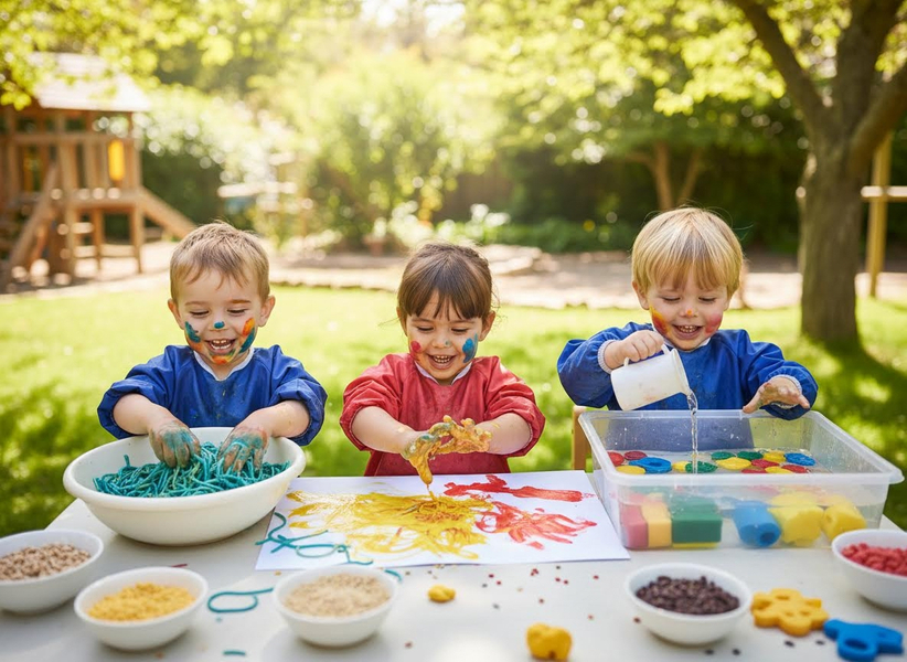 Three happy children engaged in outdoor sensory play and painting