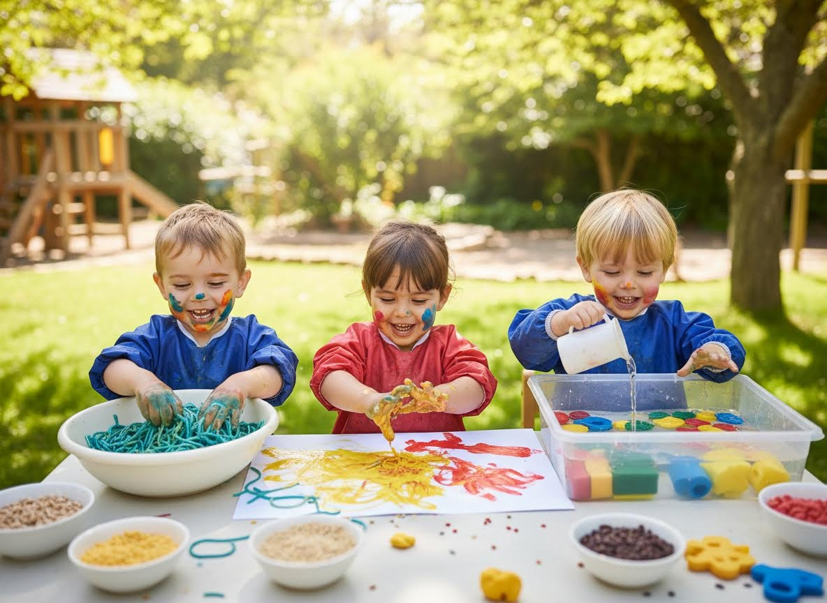 Three happy children engaged in outdoor sensory play and painting