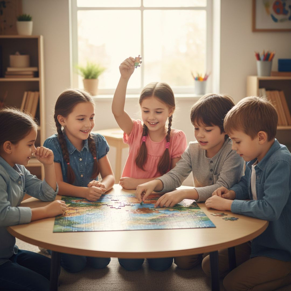 A group of five children are happily working together on a large jigsaw puzzle around a small circular table.