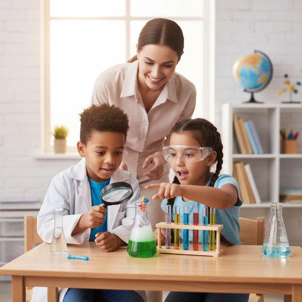 Two curious children are engaged in a science experiment at a table, supervised by a smiling female teacher standing behind them.