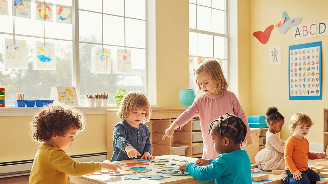 Kids in classroom doing a puzzle