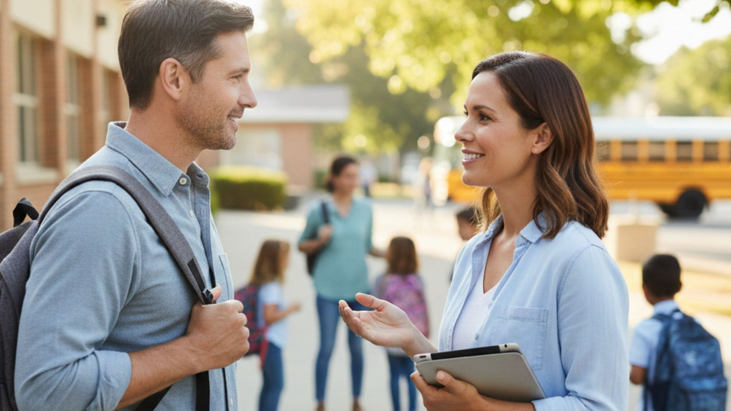 A teacher and a mother exchange a quick, friendly word while the mother picks up her child from an after school program. A teacher and a mother exchange a quick, friendly word while the mother picks up her child from an after school program.