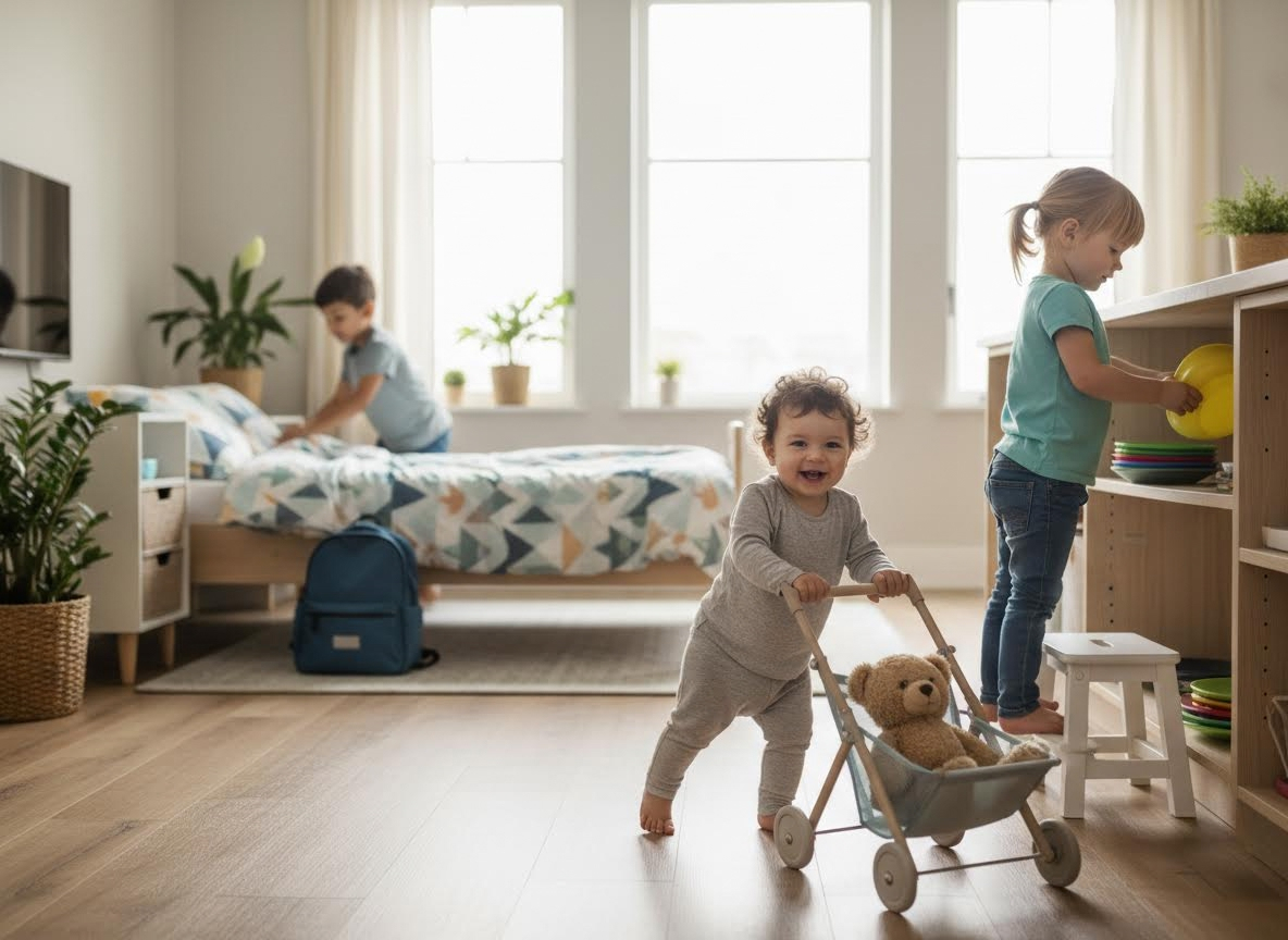 Kids playing and helping in a sunny bedroom