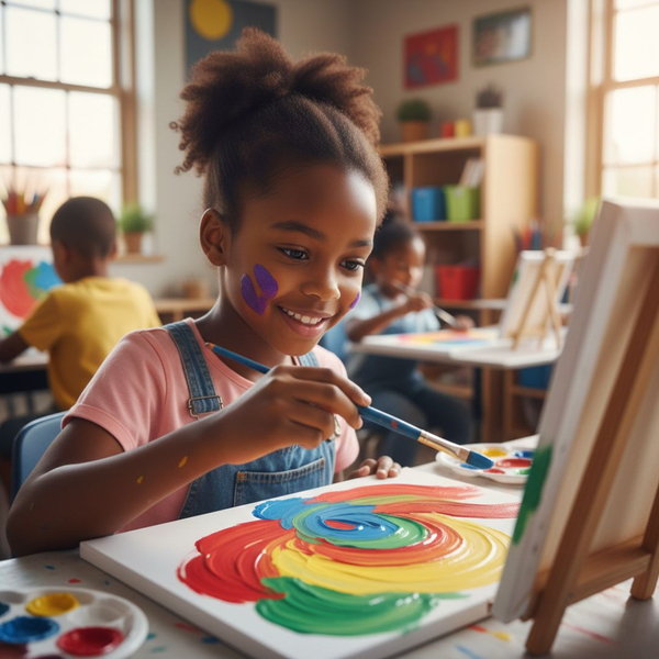 A young girl with paint on her cheek smiles while painting a colorful swirl on a canvas with a paintbrush.