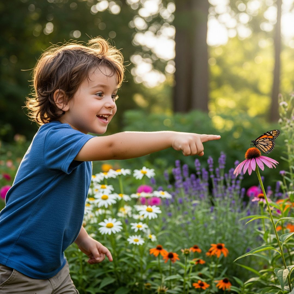 A young child, with a look of pure joy, is pointing towards a butterfly in a lush, green garden.