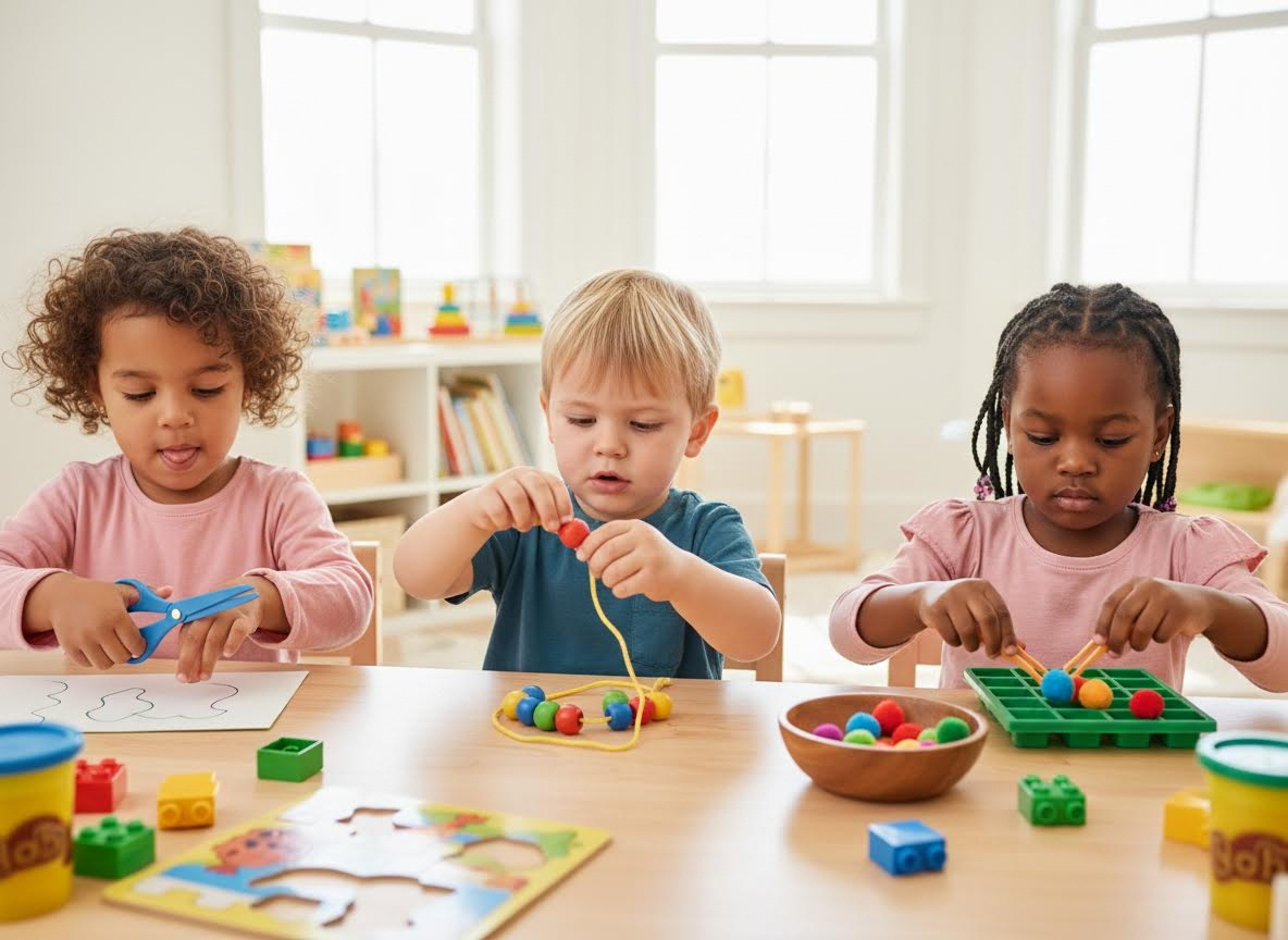 Three diverse preschoolers engaged in fine motor skill activities