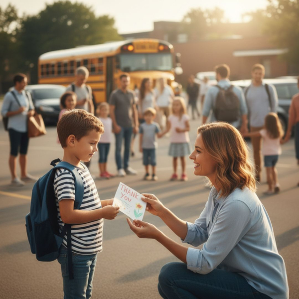 A young child smiles while presenting a simple, handwritten thank-you card to their after school program teacher.