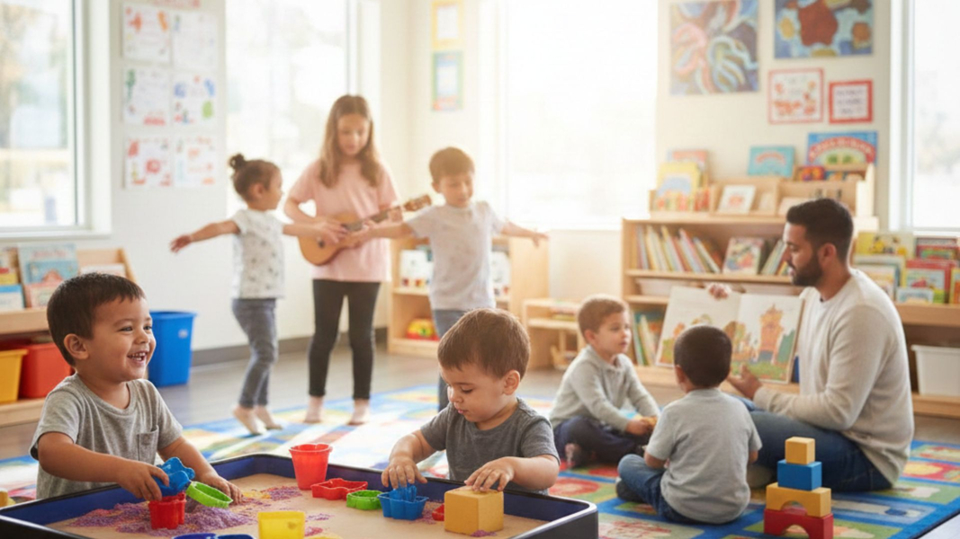A group of diverse children are happily engaged in various educational activities at a bright and colorful daycare center with a male teacher. A group of diverse children are happily engaged in various educational activities at a bright and colorful daycare center with a male teacher.