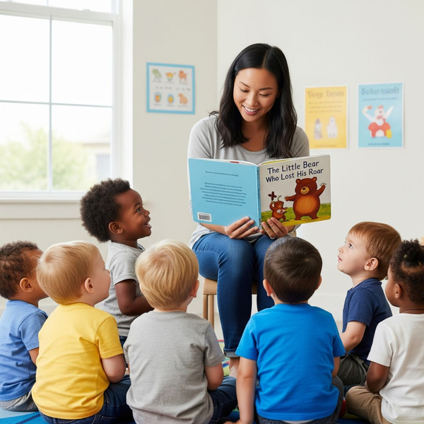 Teacher reading story book to kids