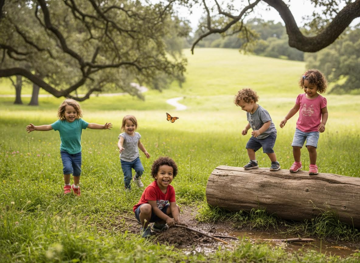 Diverse children playing joyfully in a sunny green park