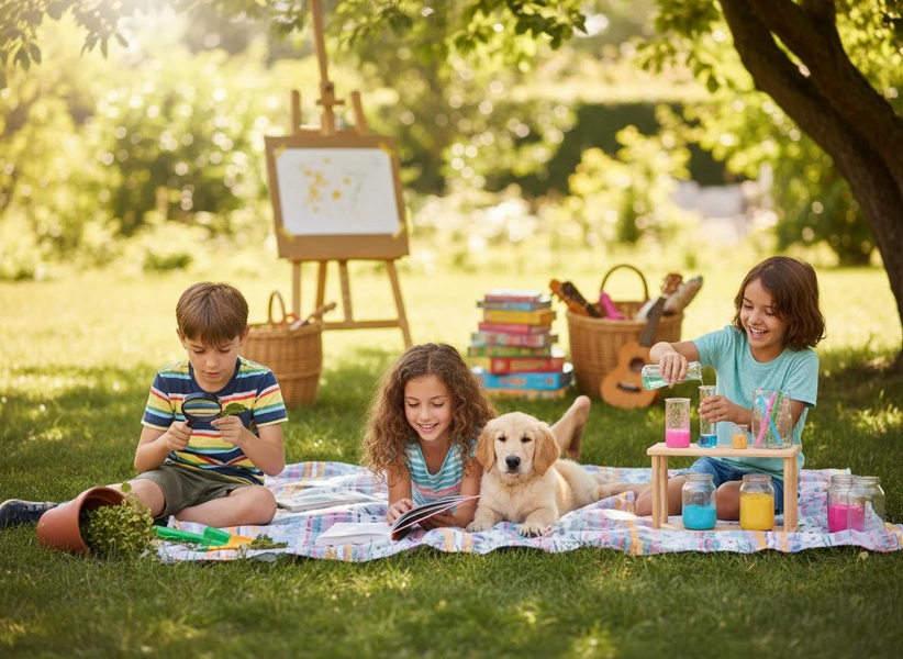 Children and puppy playing outdoors with various activities