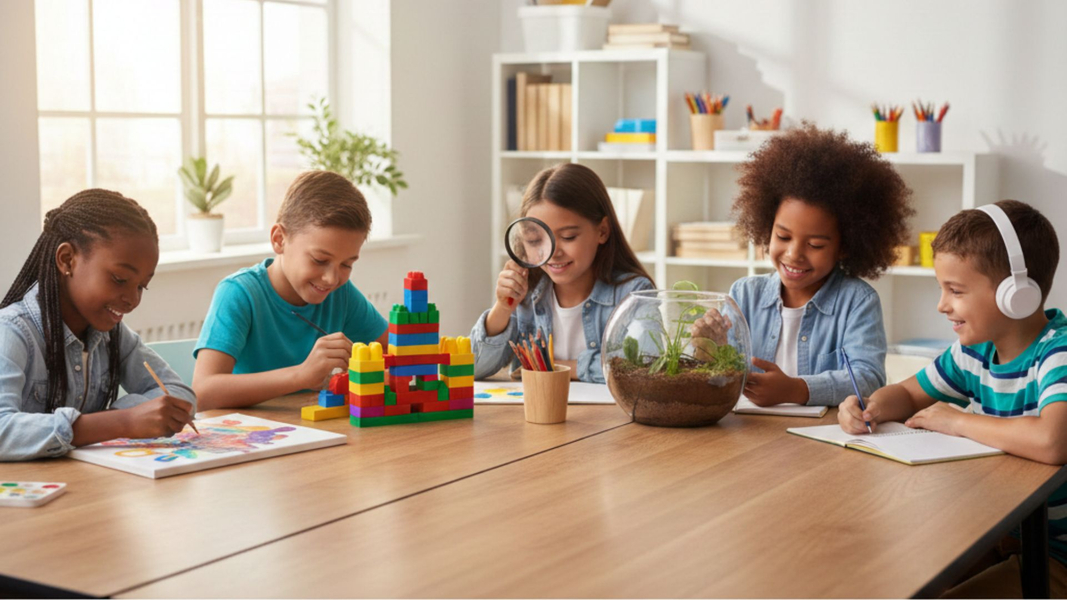 A diverse group of happy children are focused on various creative activities around a large wooden table in a brightly lit room. A diverse group of happy children are focused on various creative activities around a large wooden table in a brightly lit room.