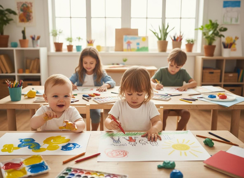 Children engaged in art activities in a bright room