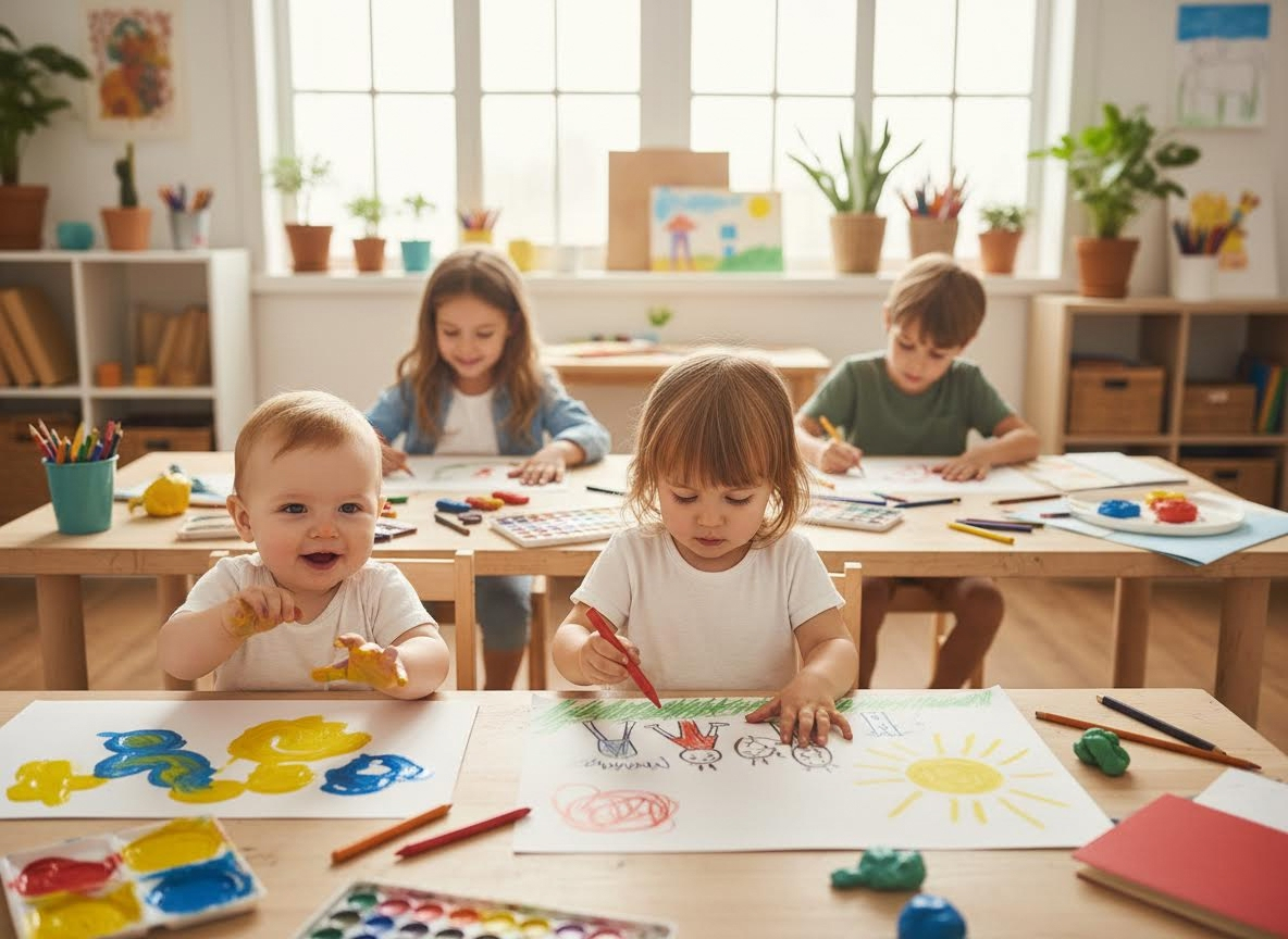 Children engaged in art activities in a bright room