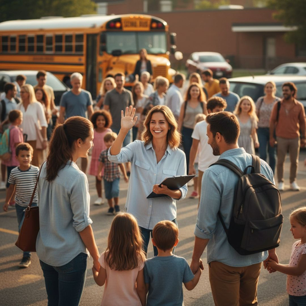 Two parents and a teacher exchange a quick, respectful wave during the busy afternoon pick-up time.