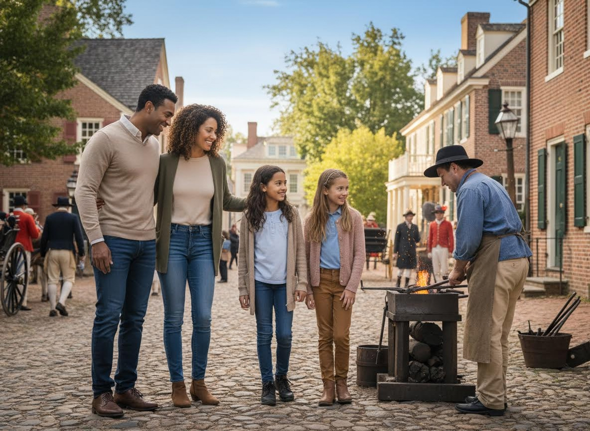 Family watches a blacksmith demonstration in a historical village
