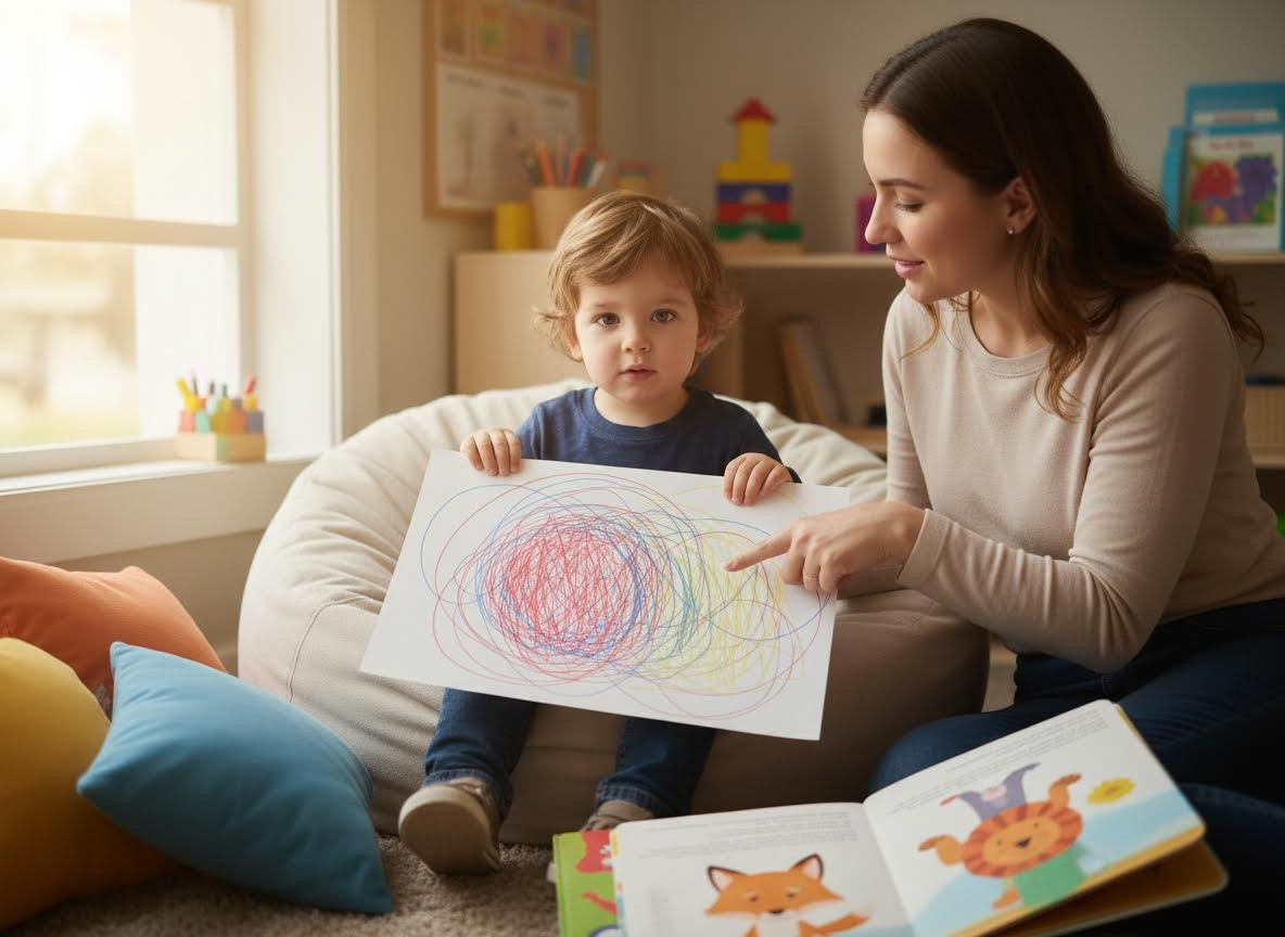 Toddler and adult sharing a colorful drawing