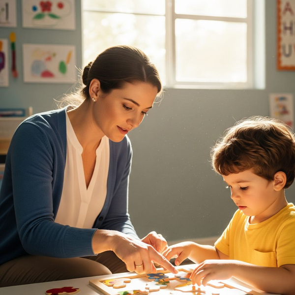 An adult teacher is kneeling down to patiently guide a child who is completing a large floor puzzle.