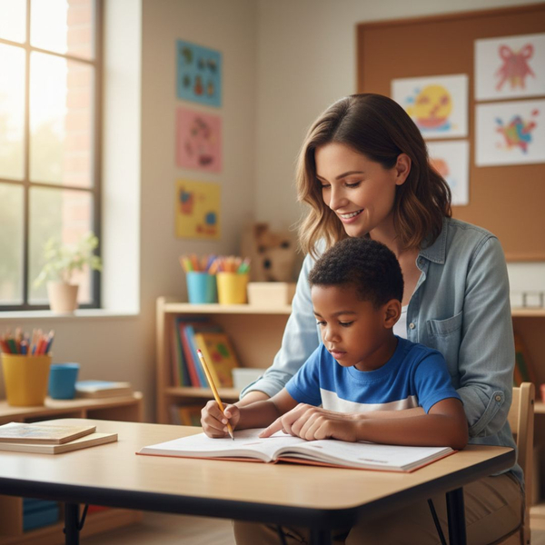 A kind teacher is sitting next to a young boy, gently guiding his hand as he writes in a notebook at a school desk.