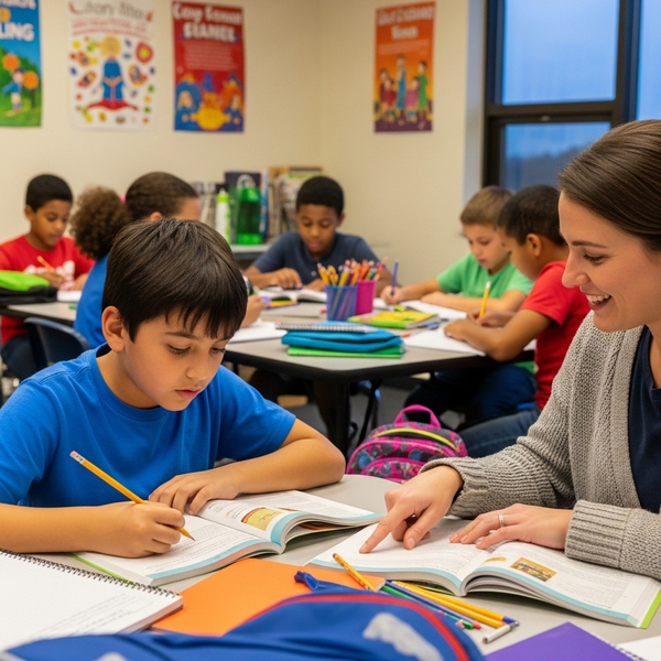A young student receiving homework help at an after-school program