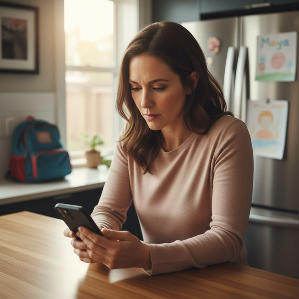 A mother is sitting at a table thoughtfully typing a brief message on her smartphone to a teacher.