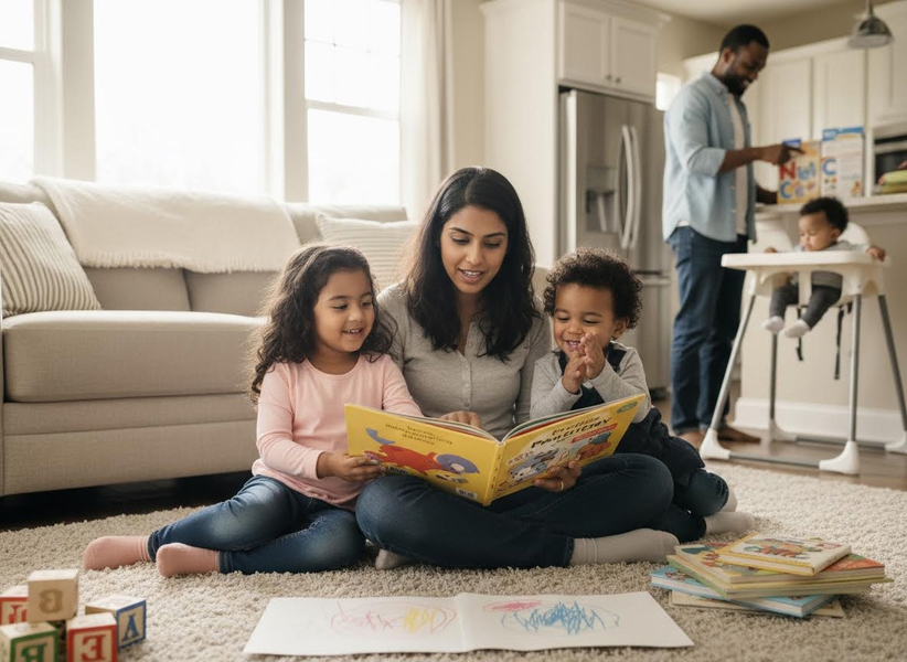 Multicultural family reading together in living room with father and baby in background