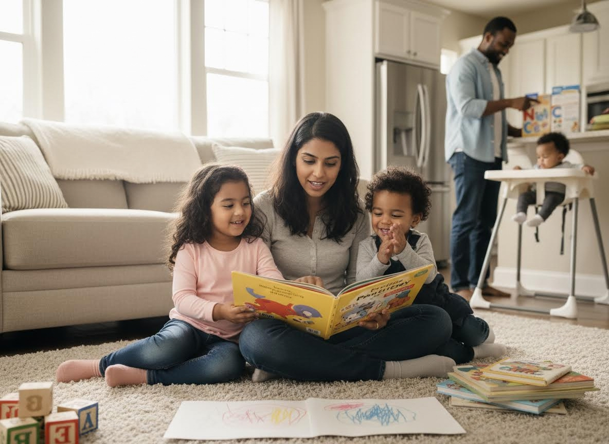 Multicultural family reading together in living room with father and baby in background
