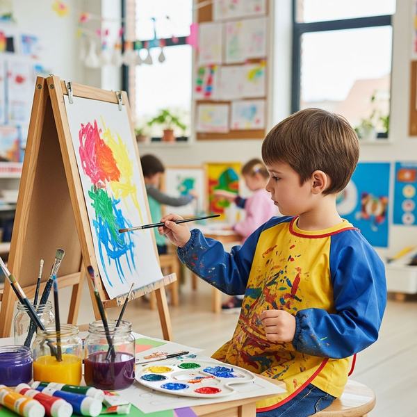 Toddler painting on a canvas