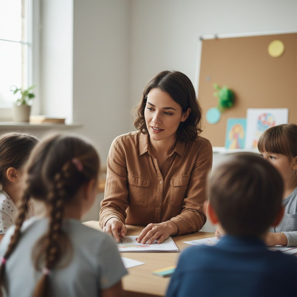 A kind female teacher is sitting at a table, engaging with and reading to a small group of young, attentive children in a classroom setting.