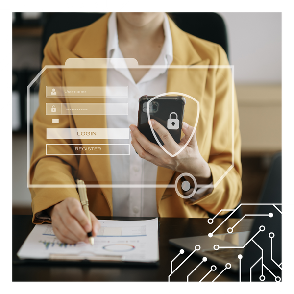 woman holding phone, with security icons over it