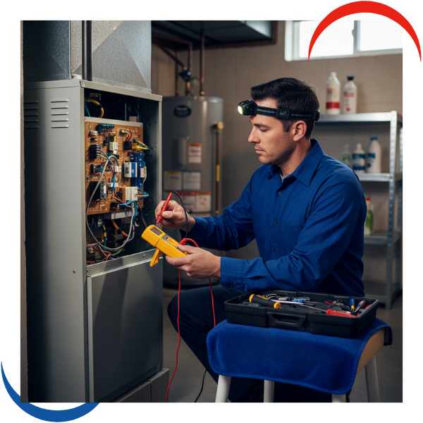 an expert technician efficiently diagnosing and repairing an indoor furnace unit