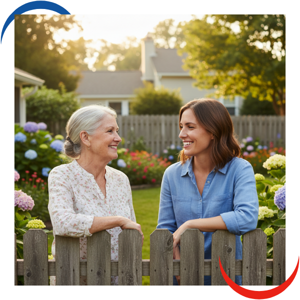 Two neighbors of different generations share a friendly conversation, representing community and trust in Georgetown.