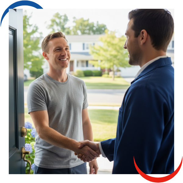 A homeowner expresses relief while shaking hands with a service professional at their front door after an HVAC repair.