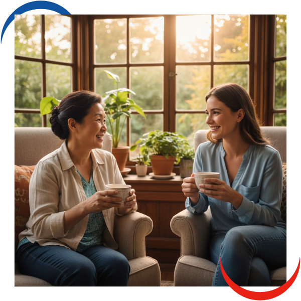 Two people from different generations enjoy a conversation in a comfortable, sunlit room in their home.