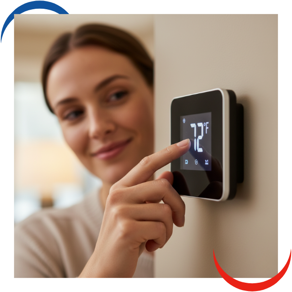 A homeowner adjusting a digital smart thermostat on a wall, looking pleased with the comfortable home temperature.