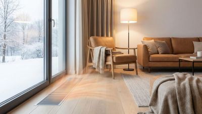 Cozy living room with warm air blowing from a floor vent in a Pflugerville home against a snowy backdrop.